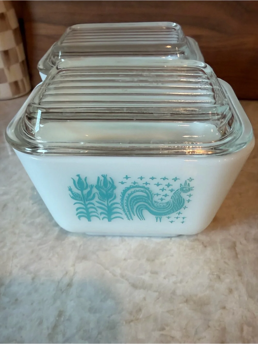 Two vintage 50’s Pyrex Amish Butterprint turquoise refrigerator dishes 501
